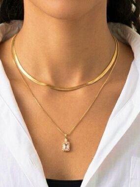 18K Gold Plated 2pc Set crystal pendant Necklace Stainless Steel Womens Jewelry